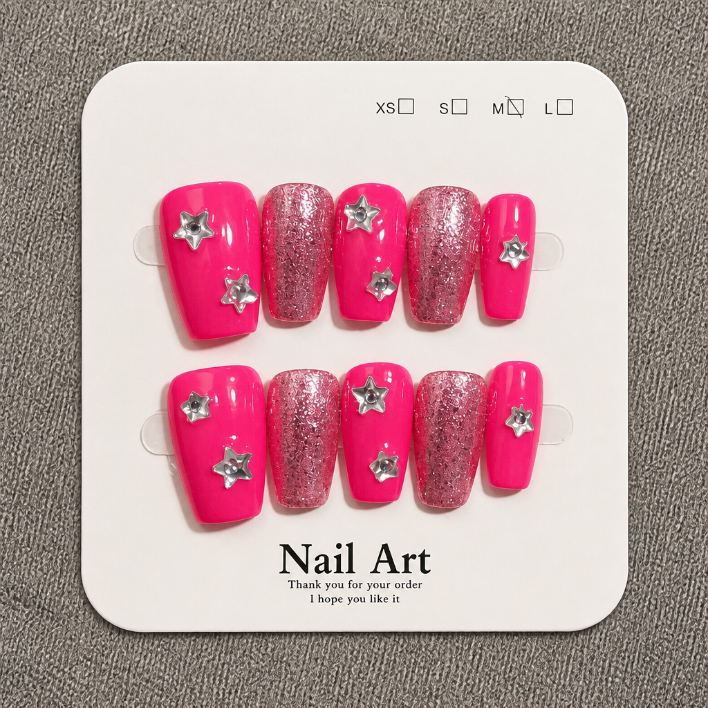 Vibrant Pink Shimmer Press-On Nail Set with 3D Stars