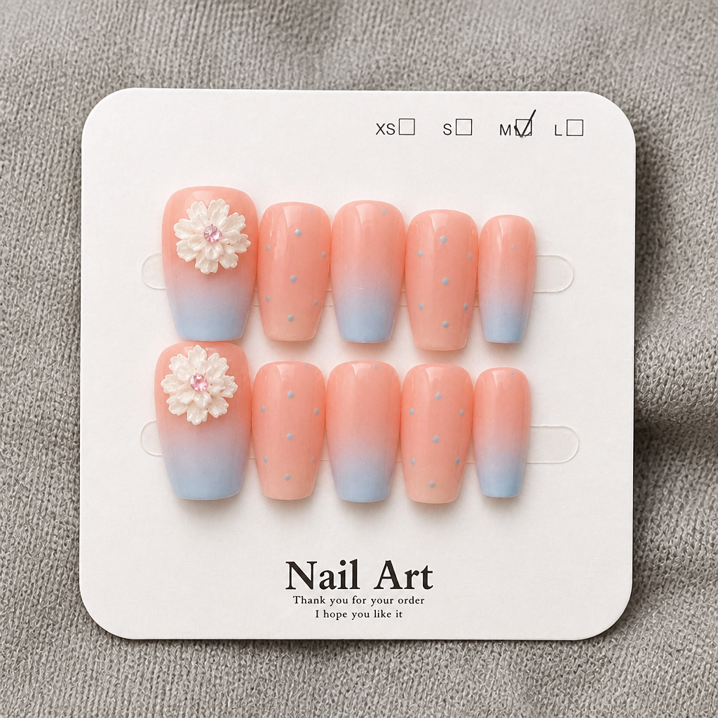 Peach and Blue Ombre Press-On Nails with 3D Flower Charms