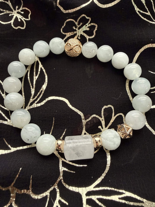 Icy Aquamarine Quartz Beaded Stretch Bracelet with Gold-Toned Celestial Accents