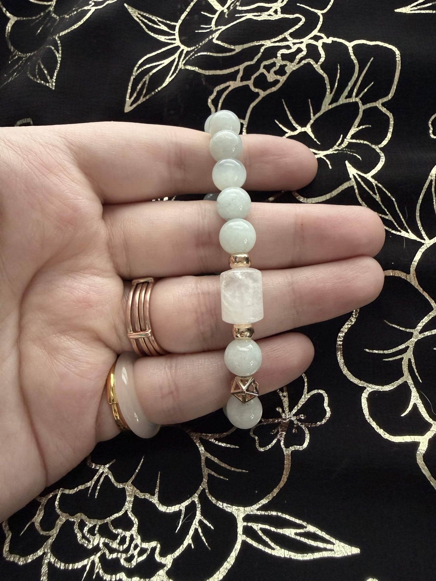 Icy Aquamarine Quartz Beaded Stretch Bracelet with Gold-Toned Celestial Accents