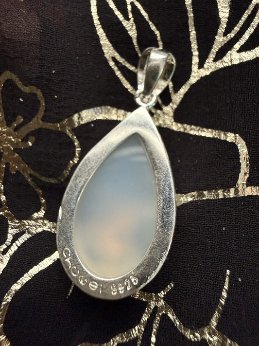 Chowei S925 Sterling Silver Icy White Chalcedony Teardrop Pendant – Hand-Painted Enamel Flower Cloisonné Talisman