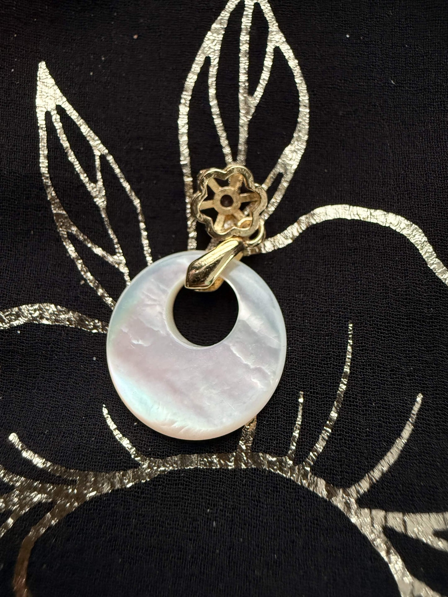 Gold Tone Mother of Pearl Donut Necklace Pendant