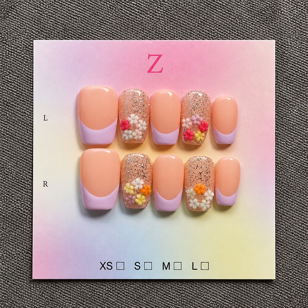 Peach and Lavender French Tip Press-On Nails with 3D Flower Accents