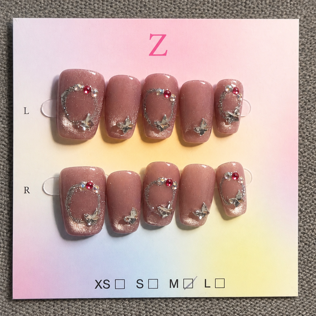 Dusty Pink Shimmer Press-On Nail Set with Silver Butterfly Accents