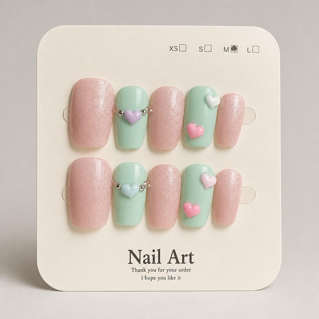 Mint & Shimmer Pink False Nails – Pastel Heart & Beaded Accent