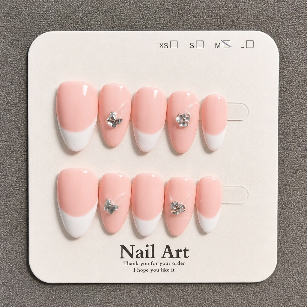 Almond French Tip False Nails – Silver Flower & Butterfly Accent