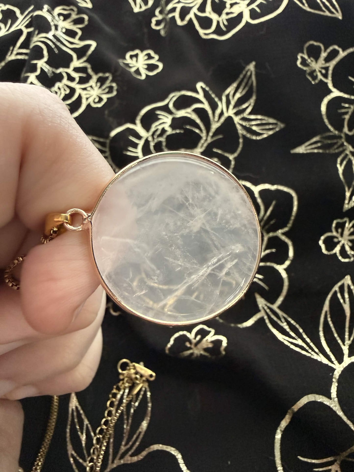 Natural Rose Quartz Circular Disc Pendant Necklace