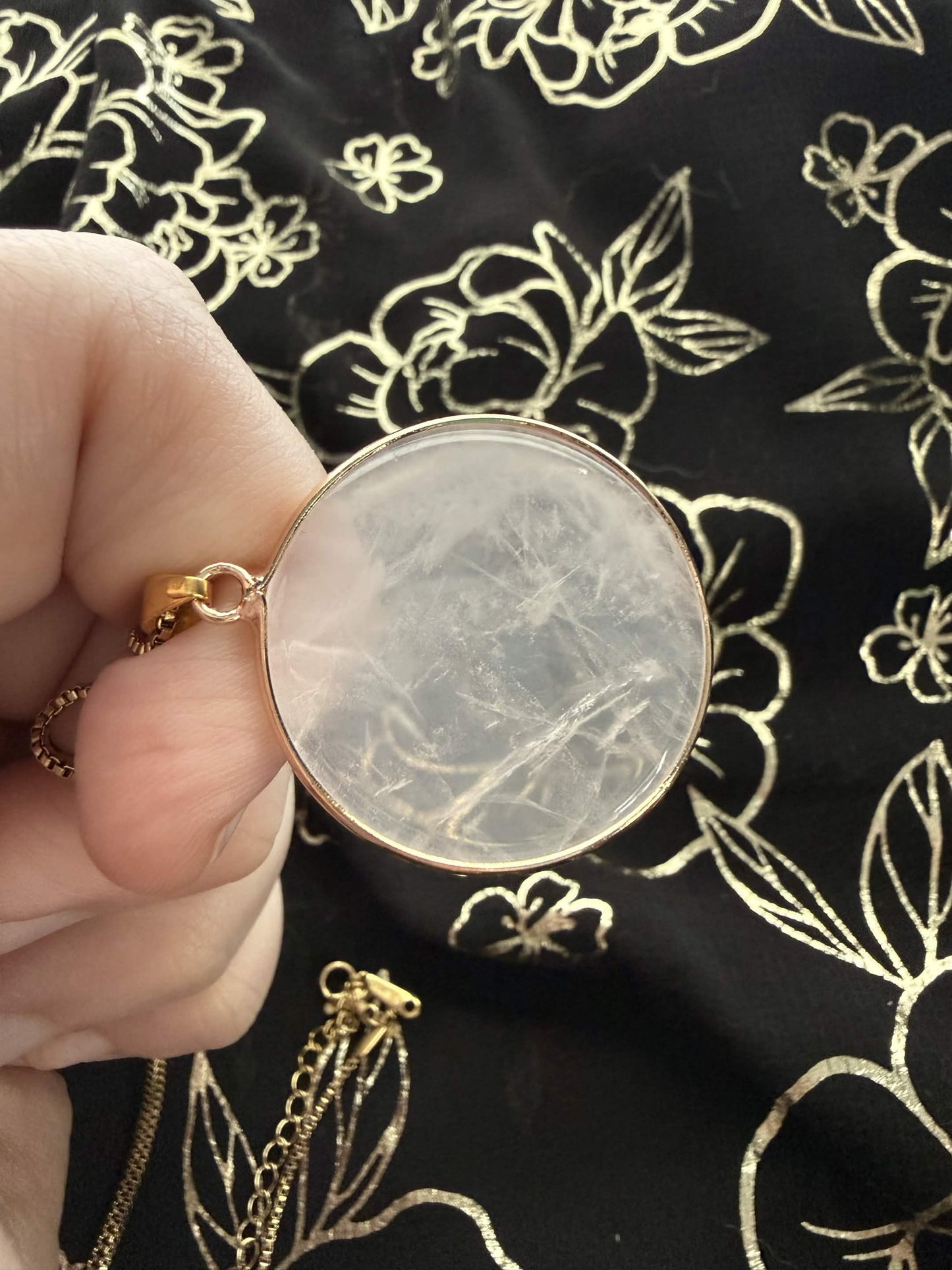 Natural Rose Quartz Circular Disc Pendant Necklace