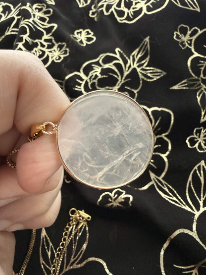 Natural Rose Quartz Circular Disc Pendant Necklace