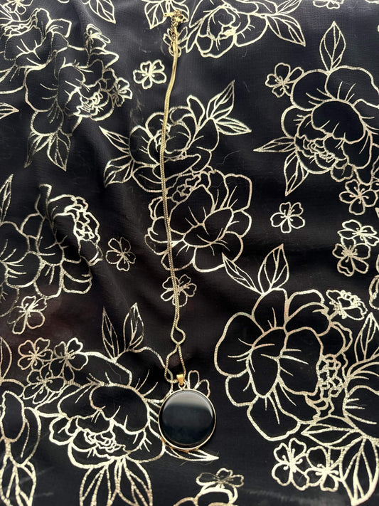 Natural Black Onyx Circular Disc Pendant Necklace