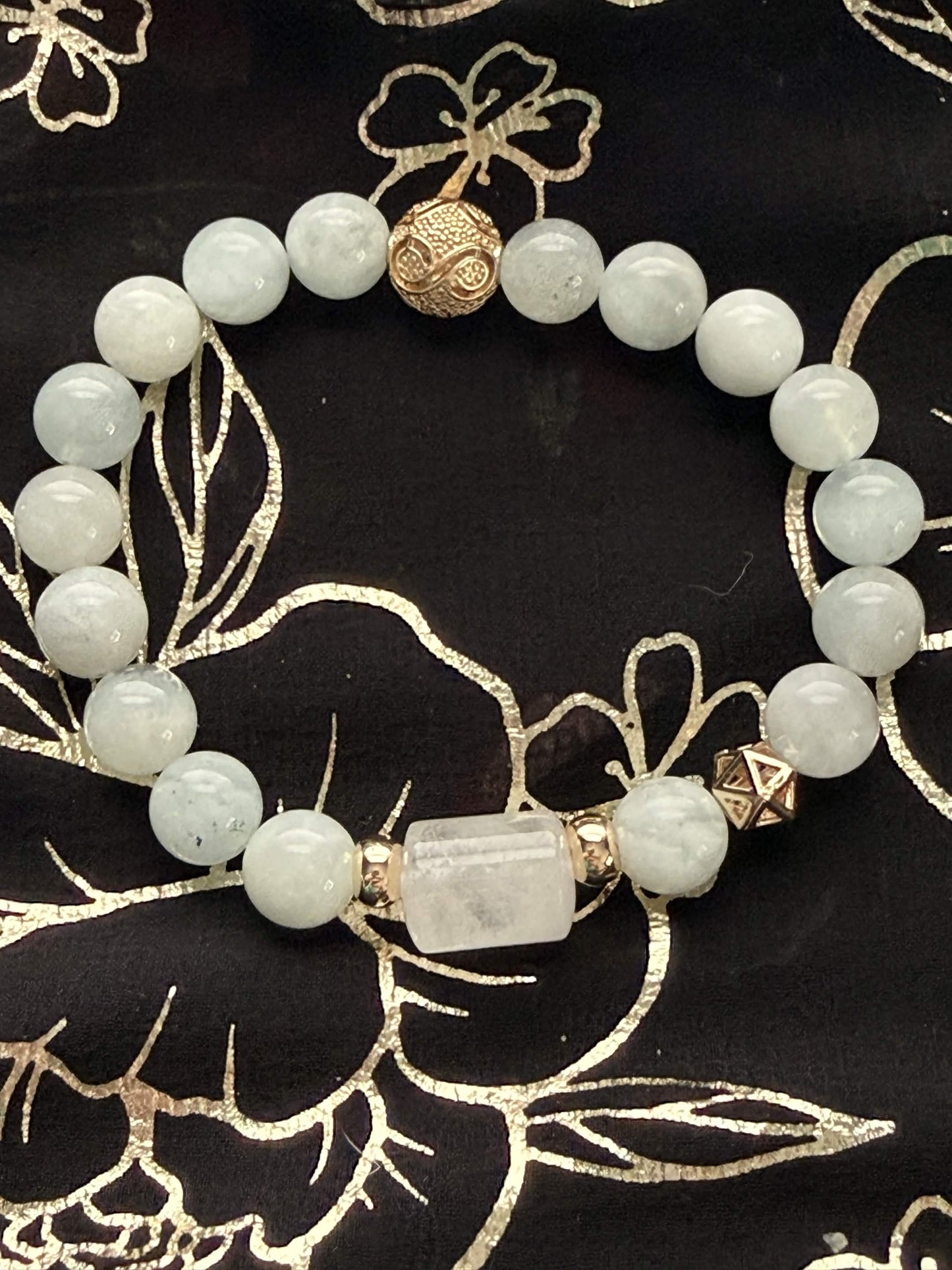 Icy Aquamarine Quartz Beaded Stretch Bracelet with Gold-Toned Celestial Accents