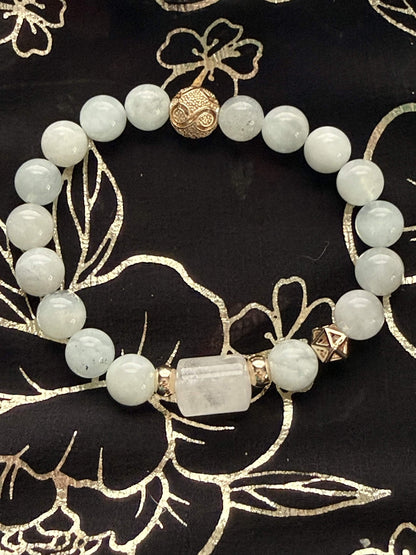 Icy Aquamarine Quartz Beaded Stretch Bracelet with Gold-Toned Celestial Accents