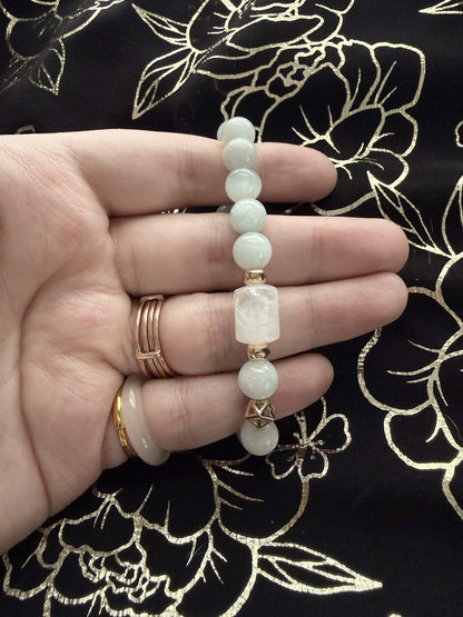 Icy Aquamarine Quartz Beaded Stretch Bracelet with Gold-Toned Celestial Accents