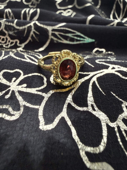 Gold-Tone Copper Rose Crystal Ring – Adjustable Vintage Scalloped Oval Filigree