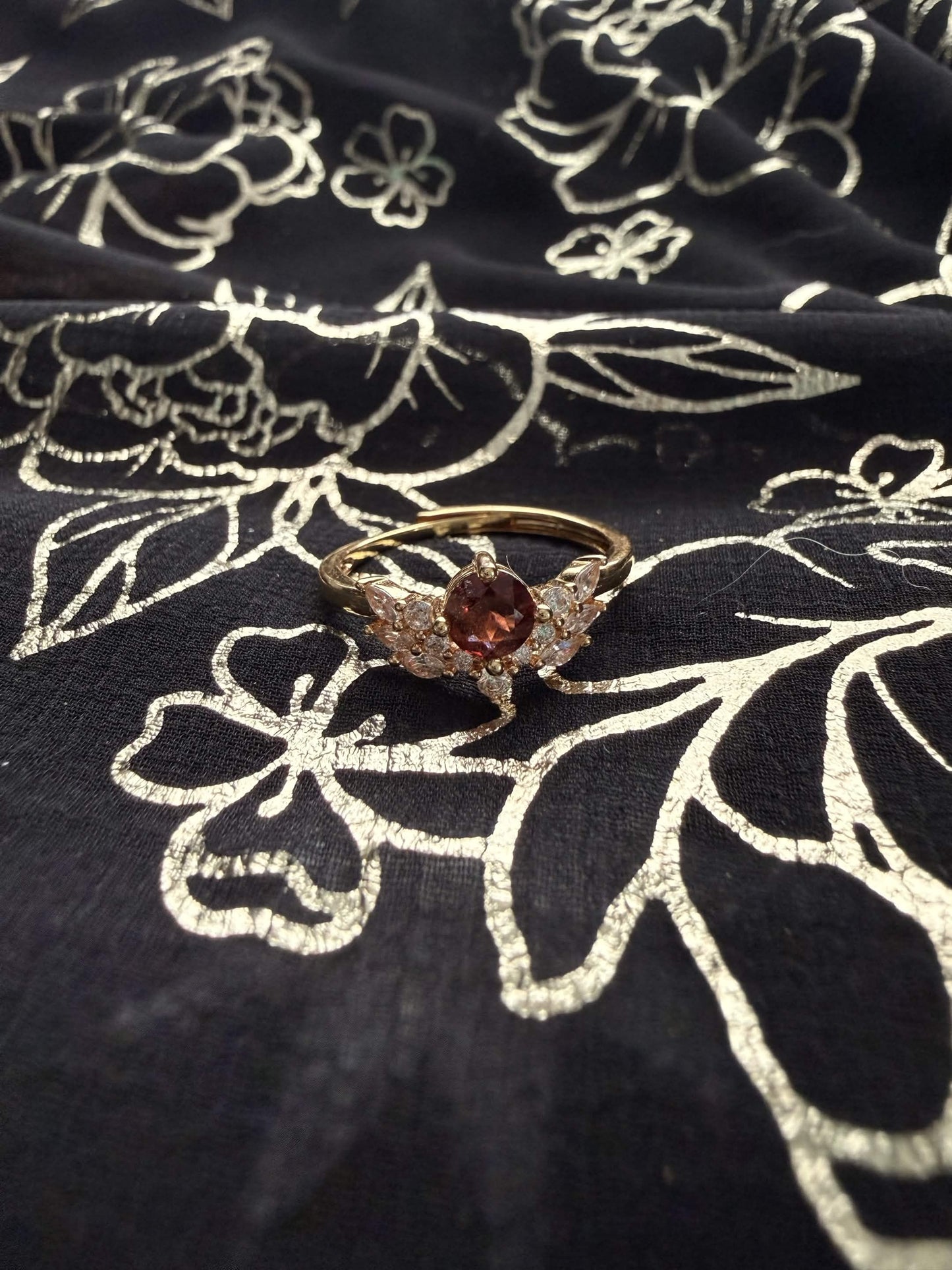 Gold-Tone Garnet-Red Crown Ring