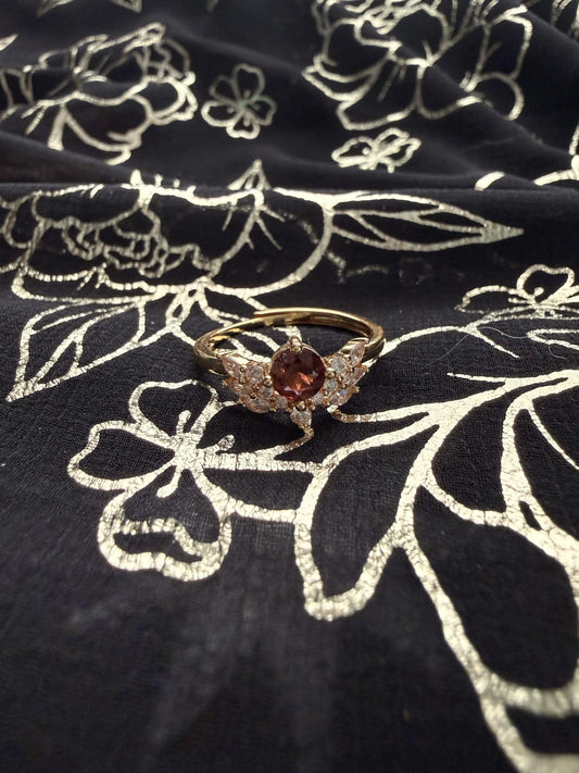 Gold-Tone Garnet-Red Crown Ring