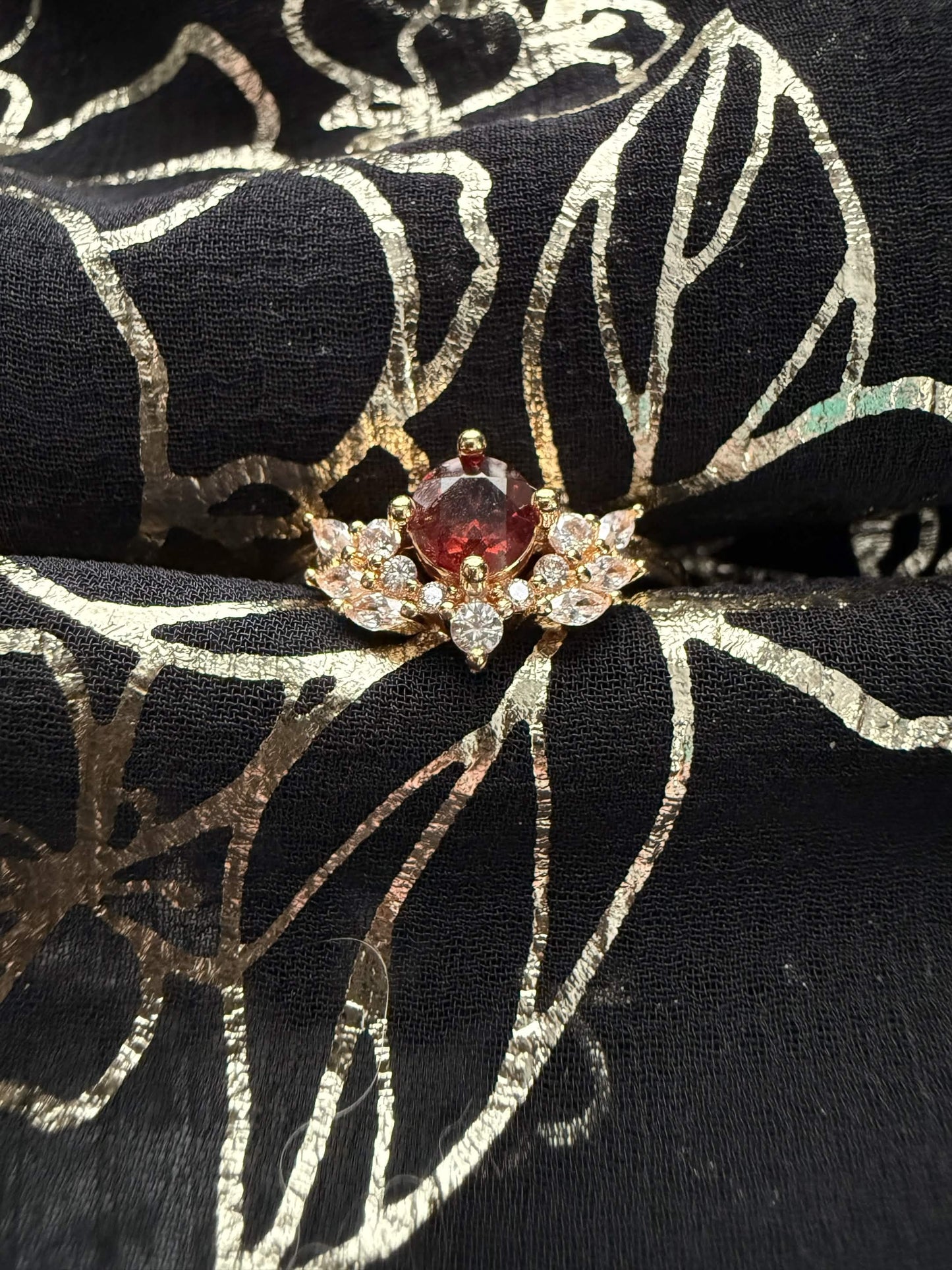 Gold-Tone Garnet-Red Crown Ring