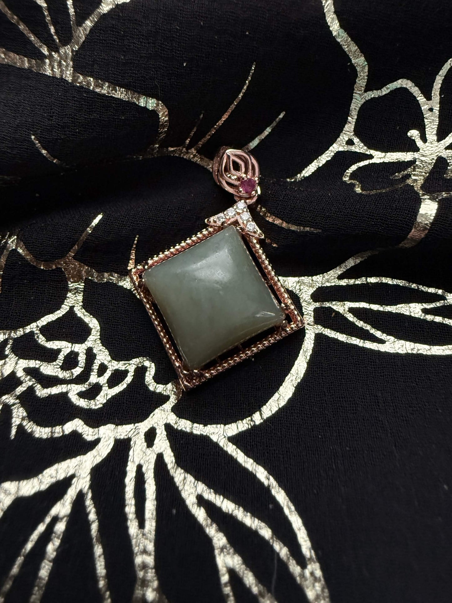 Rose Gold Tone Sage Green Jade Diamond Pendant