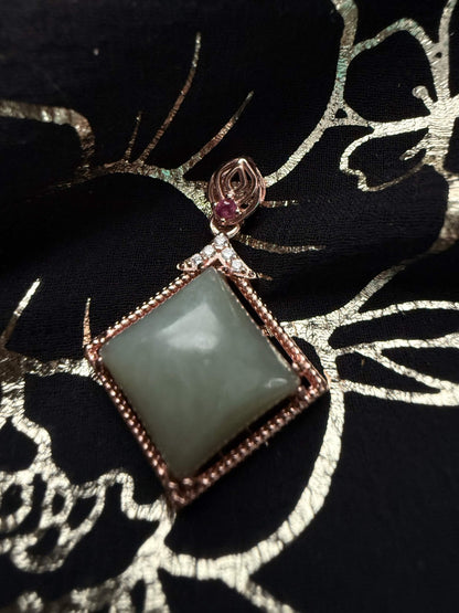 Rose Gold Tone Sage Green Jade Diamond Pendant