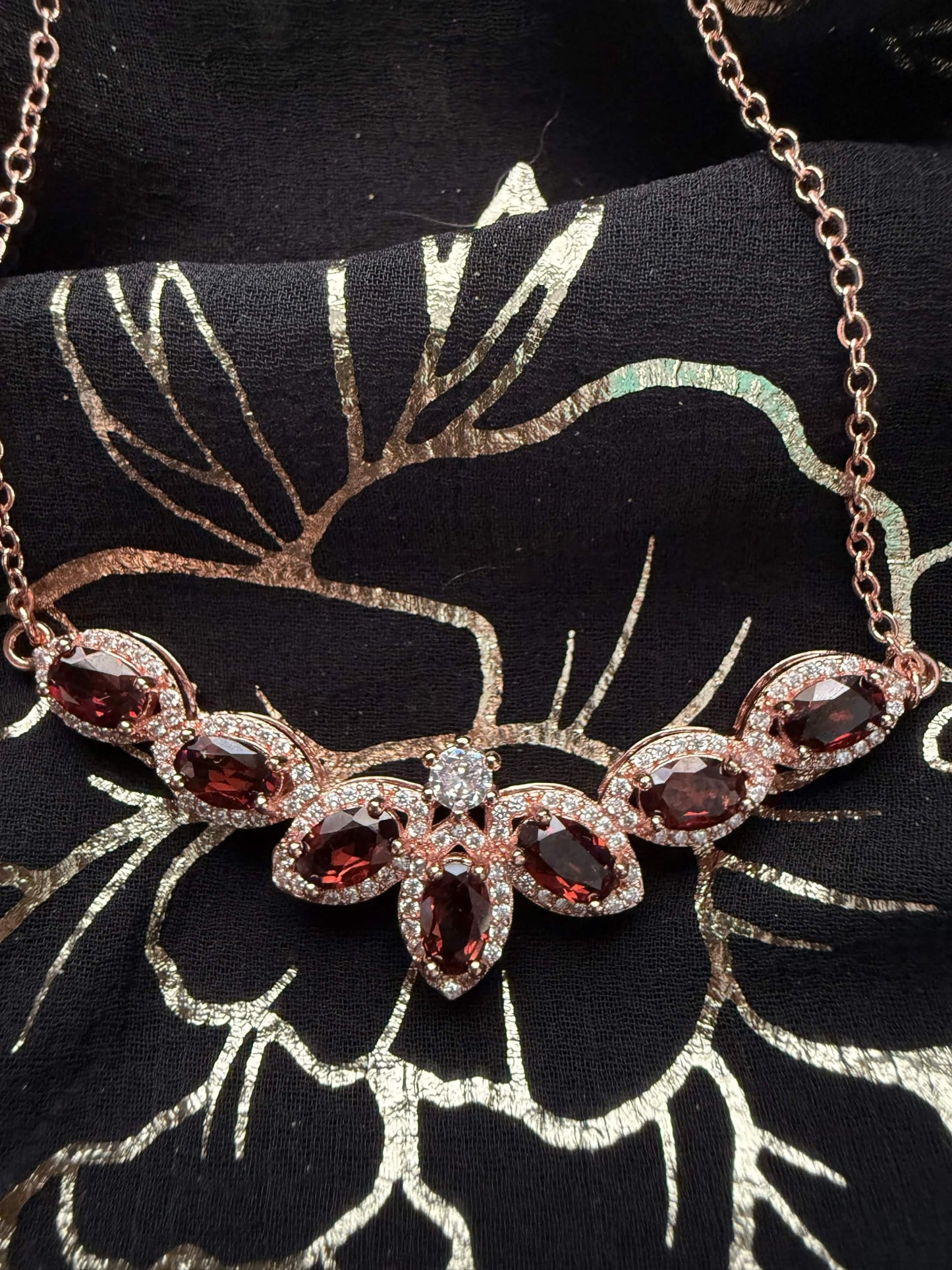 Rose Gold Tone Garnet Red Marquise Moth Statement Necklace