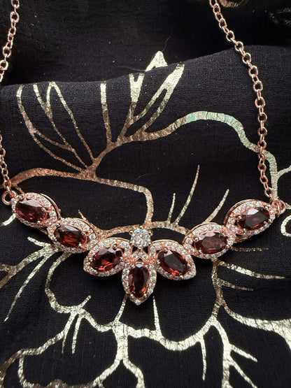 Rose Gold Tone Garnet Red Marquise Moth Statement Necklace