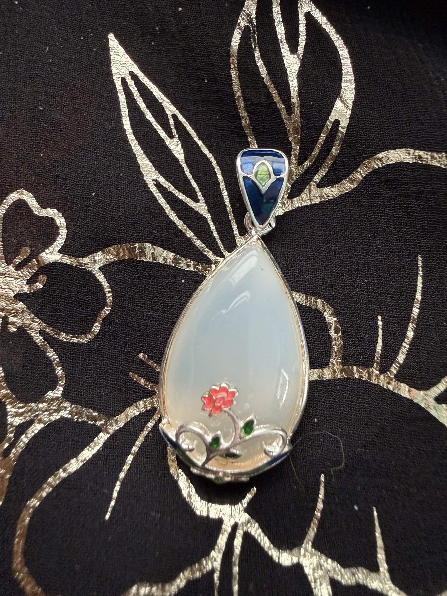 Chowei S925 Sterling Silver Icy White Chalcedony Teardrop Pendant – Hand-Painted Enamel Flower Cloisonné Talisman