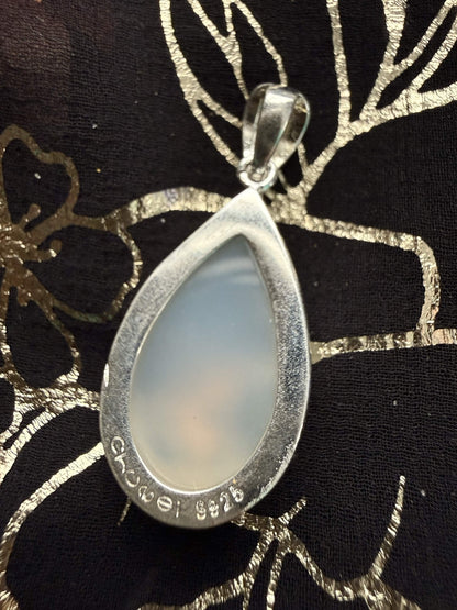 Chowei S925 Sterling Silver Icy White Chalcedony Teardrop Pendant – Hand-Painted Enamel Flower Cloisonné Talisman