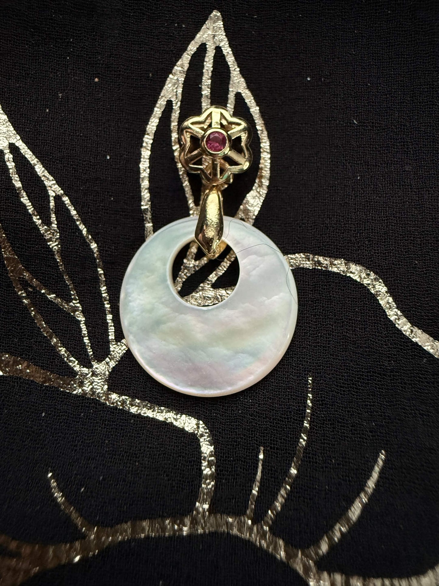 Gold Tone Mother of Pearl Donut Necklace Pendant