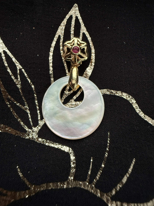 Gold Tone Mother of Pearl Donut Necklace Pendant