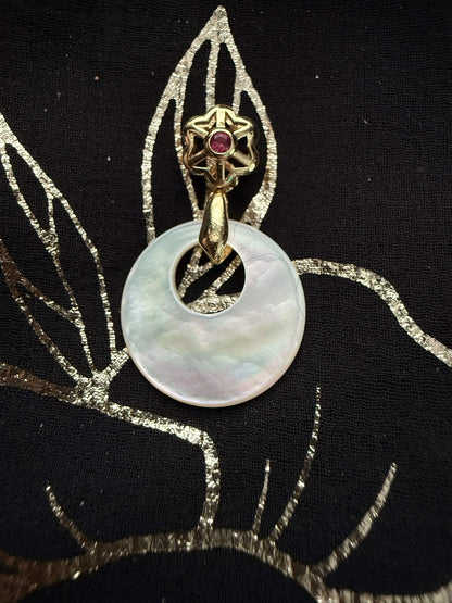 Gold Tone Mother of Pearl Donut Necklace Pendant