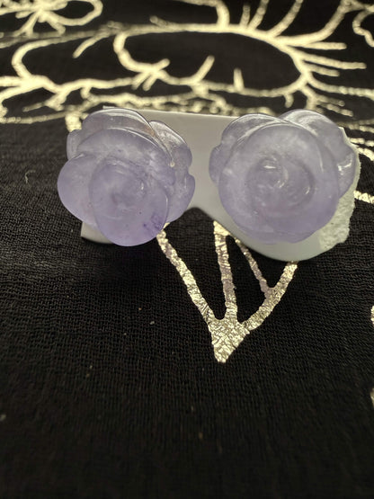 Natural Carved Lavender Chalcedony Rose Stud Earrings