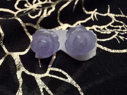 Natural Carved Lavender Chalcedony Rose Stud Earrings
