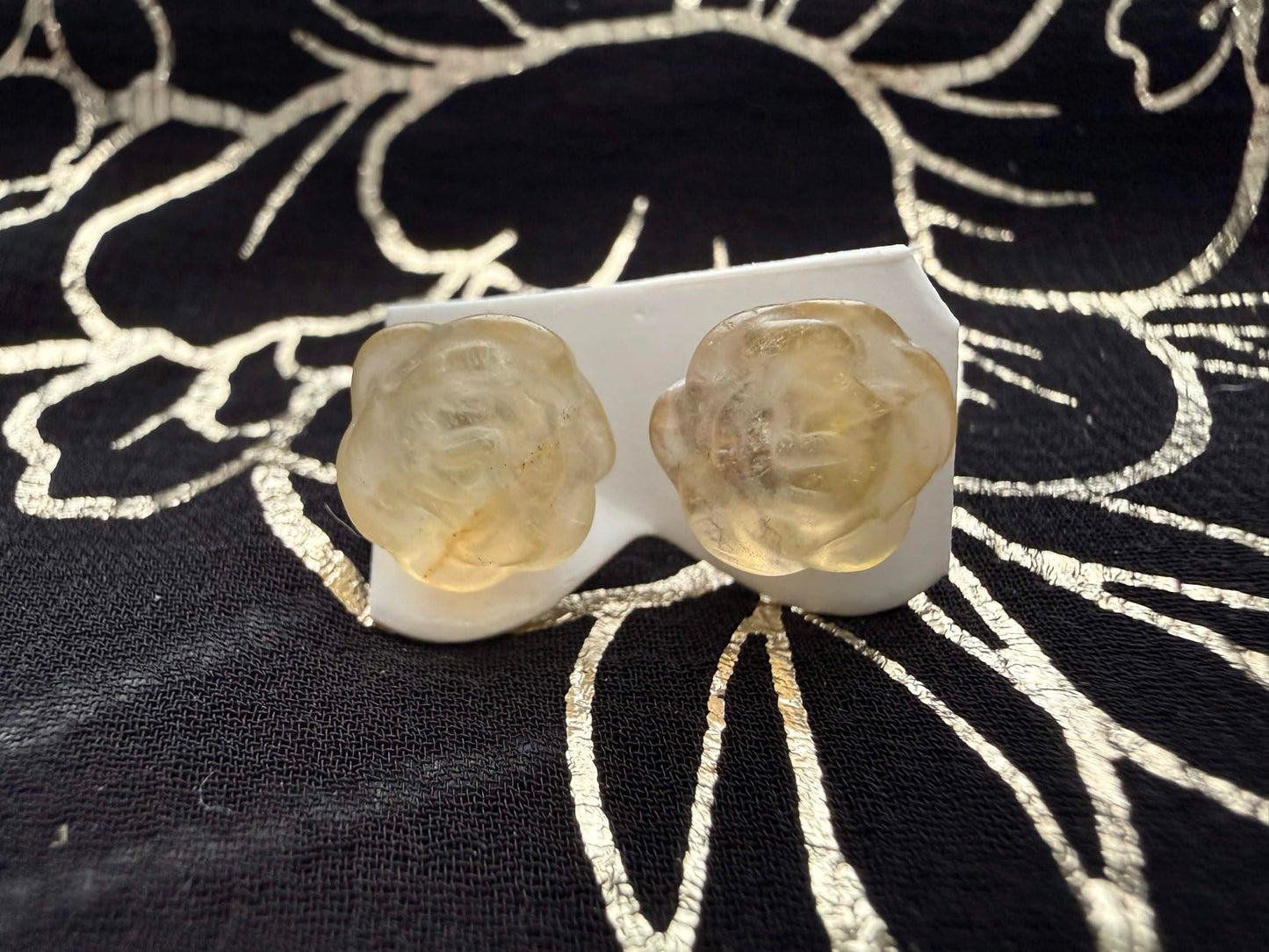 Natural Carved Yellow Citrine Quartz Rose Stud Earrings