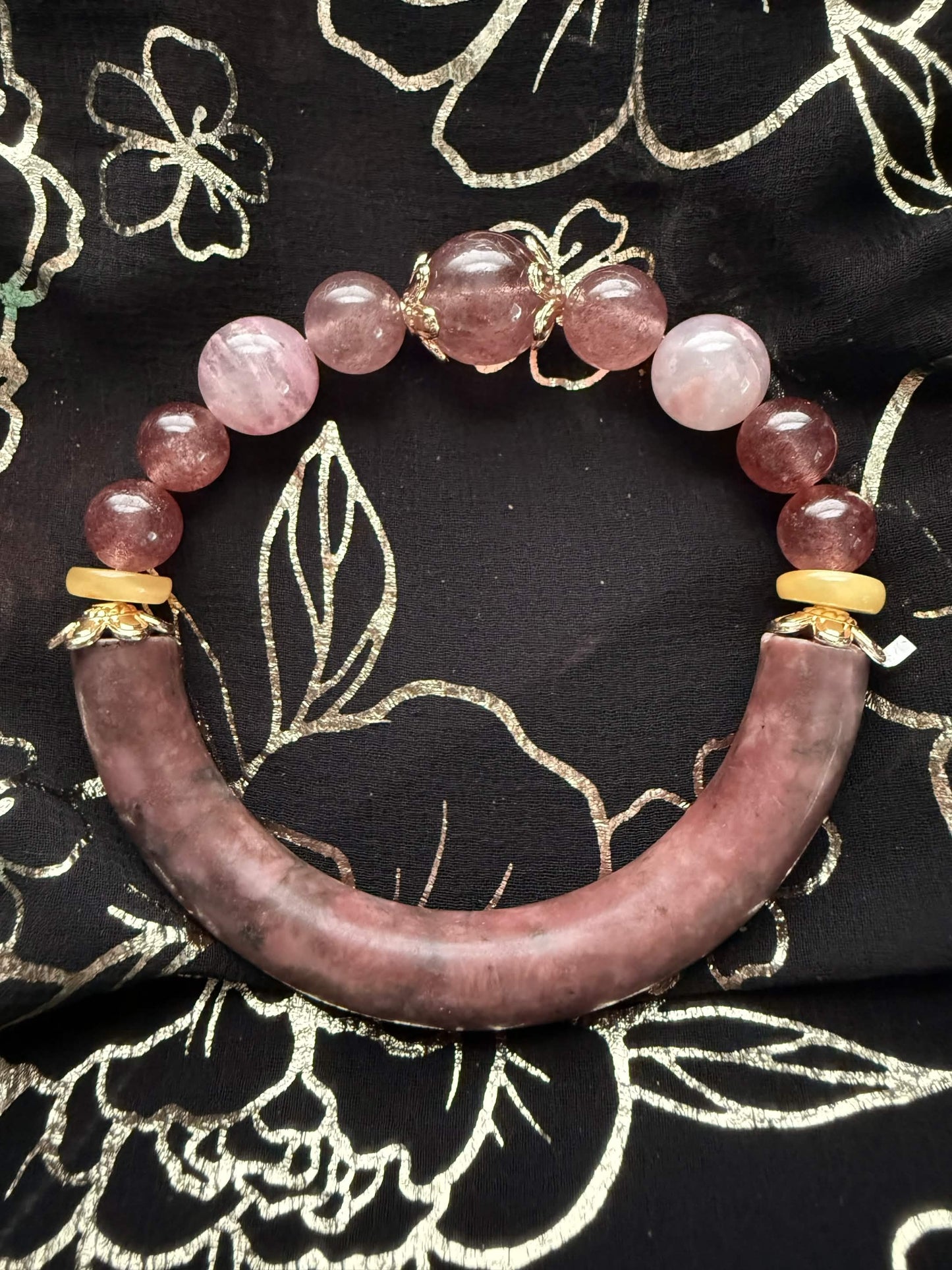 Natural Rhodonite Arch Statement Bracelet – Strawberry Quartz & Rose Filigree Crystal Bangle