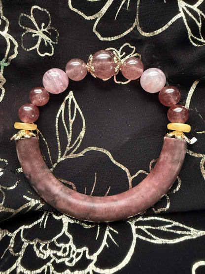 Natural Rhodonite Arch Statement Bracelet – Strawberry Quartz & Rose Filigree Crystal Bangle