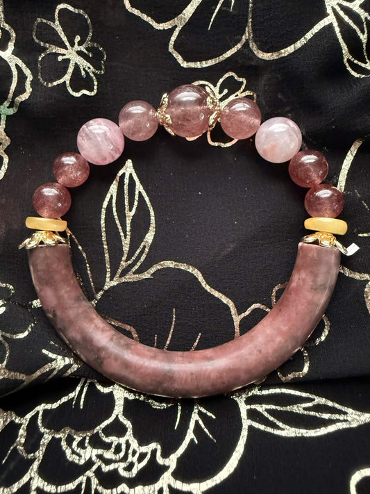 Natural Rhodonite Arch Statement Bracelet – Strawberry Quartz & Rose Filigree Crystal Bangle