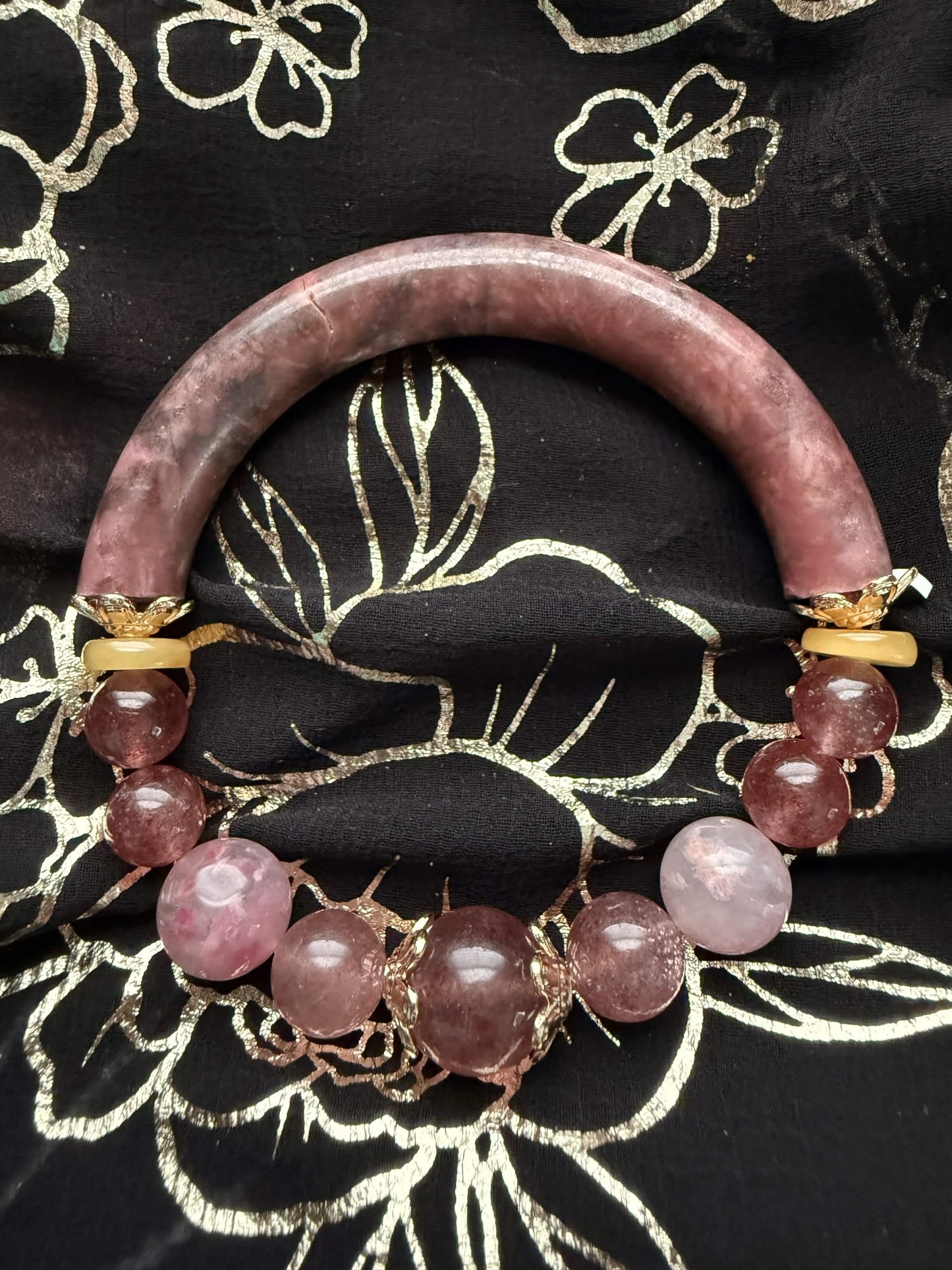 Natural Rhodonite Arch Statement Bracelet – Strawberry Quartz & Rose Filigree Crystal Bangle