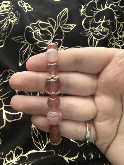 Natural Rhodonite Arch Statement Bracelet – Strawberry Quartz & Rose Filigree Crystal Bangle