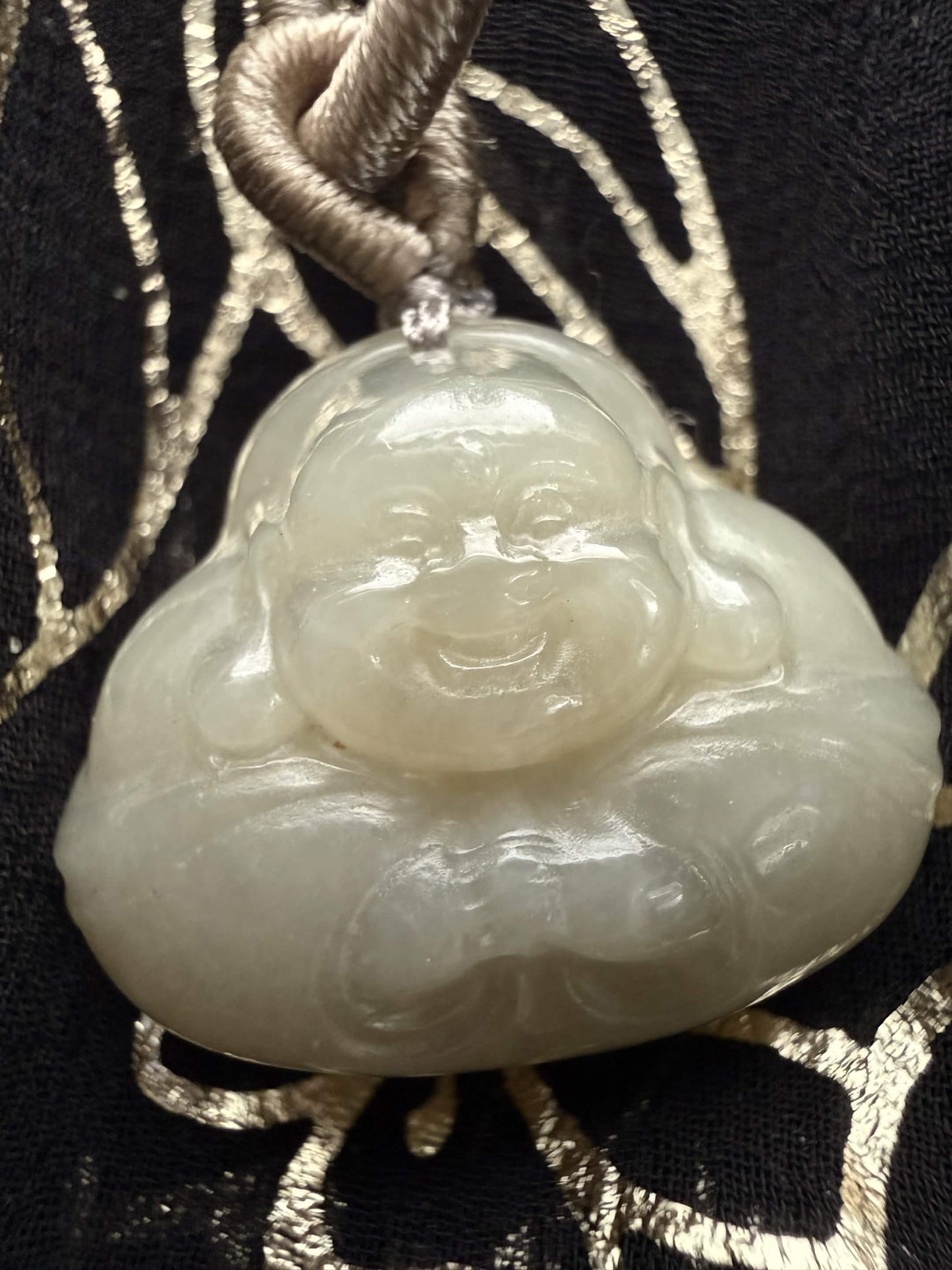 Natural Hand-Carved Light Green Jade Laughing Buddha Necklace