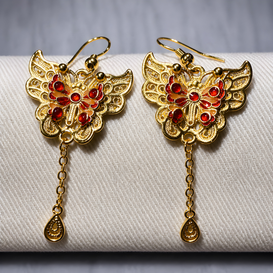 Crimson Empress Filigree Butterfly Earrings