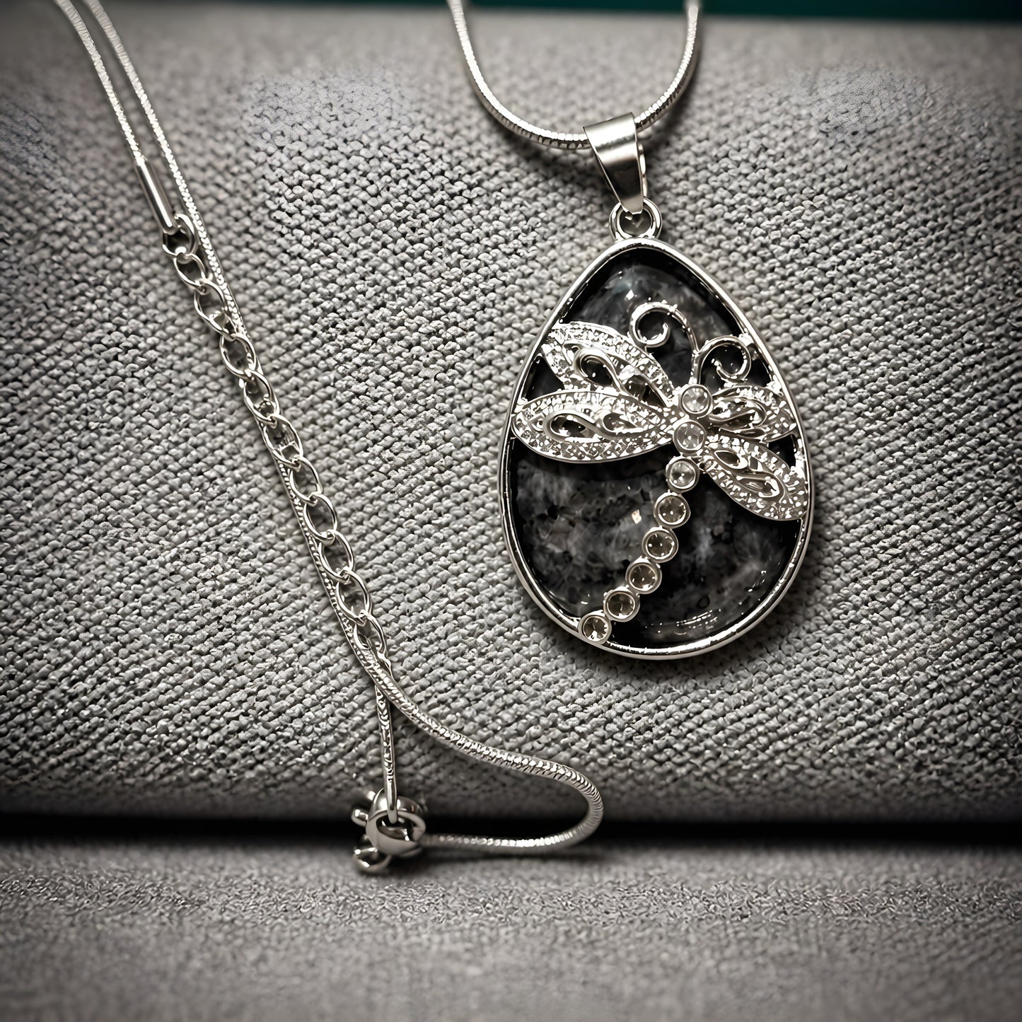 Storm-Flash Larvikite Reversible Dragonfly Pendant