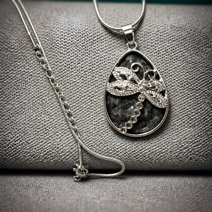 Storm-Flash Larvikite Reversible Dragonfly Pendant